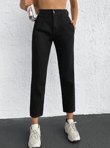 SHEIN Cottnline Casual Solid Mom Fit Jeans - Black - View 1