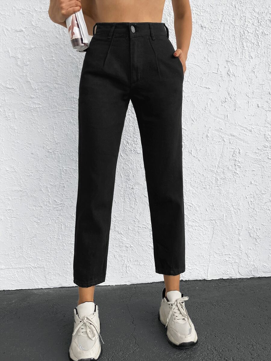 SHEIN Cottnline Casual Solid Mom Fit Jeans - Black - View 1