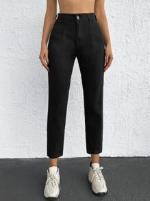 SHEIN Cottnline Casual Solid Mom Fit Jeans - Black - View 3