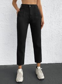 SHEIN Cottnline Casual Solid Mom Fit Jeans - Black - View 4
