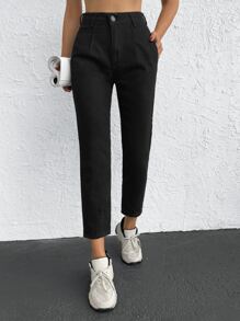 SHEIN Cottnline Casual Solid Mom Fit Jeans - Black - View 5