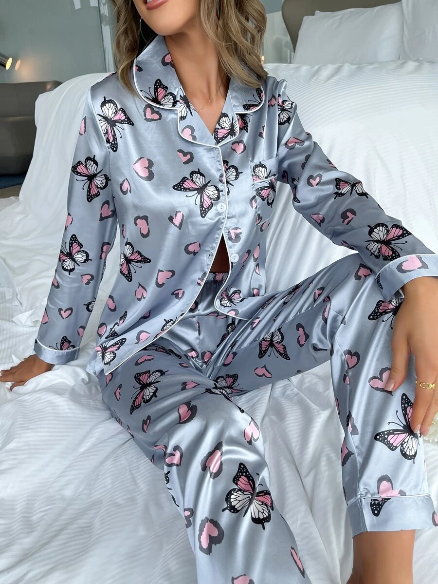 Butterfly Print Contrast Binding Satin PJ Set / Pajama Set - Baby Blue - View 1