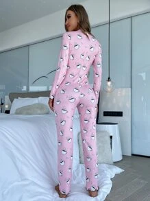 Coffee Print Deep V Neck Sleep Jumpsuit, Fall, Winter - Baby Pink - View 2