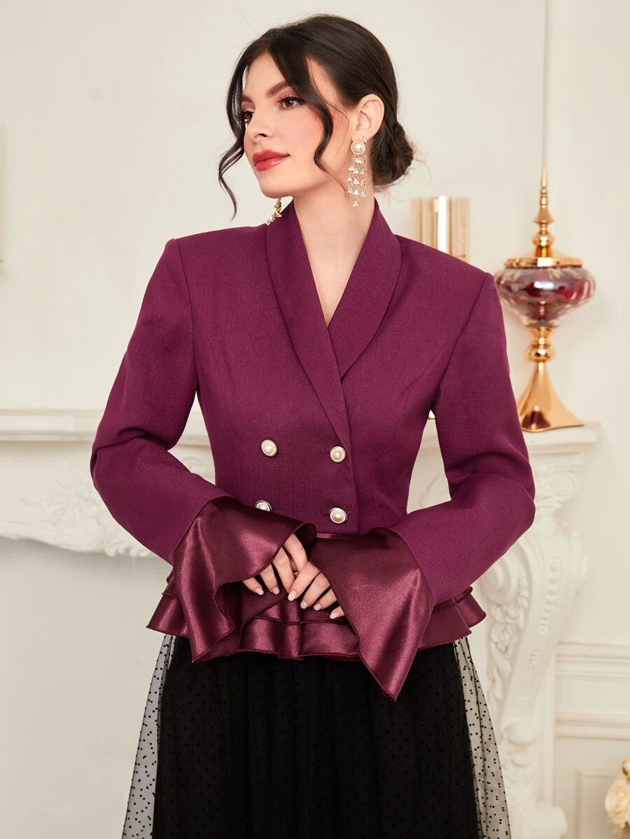 Modelyn Abrigo de cuello esmoquin de manga con volante bajo con fruncido - Morado - Ver 1