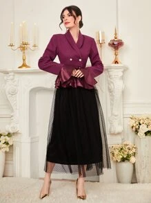 Modelyn Abrigo de cuello esmoquin de manga con volante bajo con fruncido - Morado - Ver 3