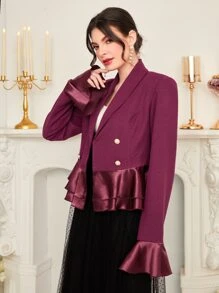 Modelyn Abrigo de cuello esmoquin de manga con volante bajo con fruncido - Morado - Ver 5