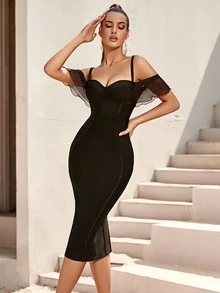 Cold Shoulder Mesh Sleeve Bodycon Dress - Black - View 4