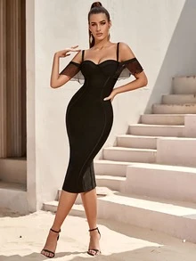 Cold Shoulder Mesh Sleeve Bodycon Dress - Black - View 5