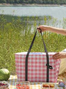 1pc Gingham Pattern Lunch Bag - Pink - View 2
