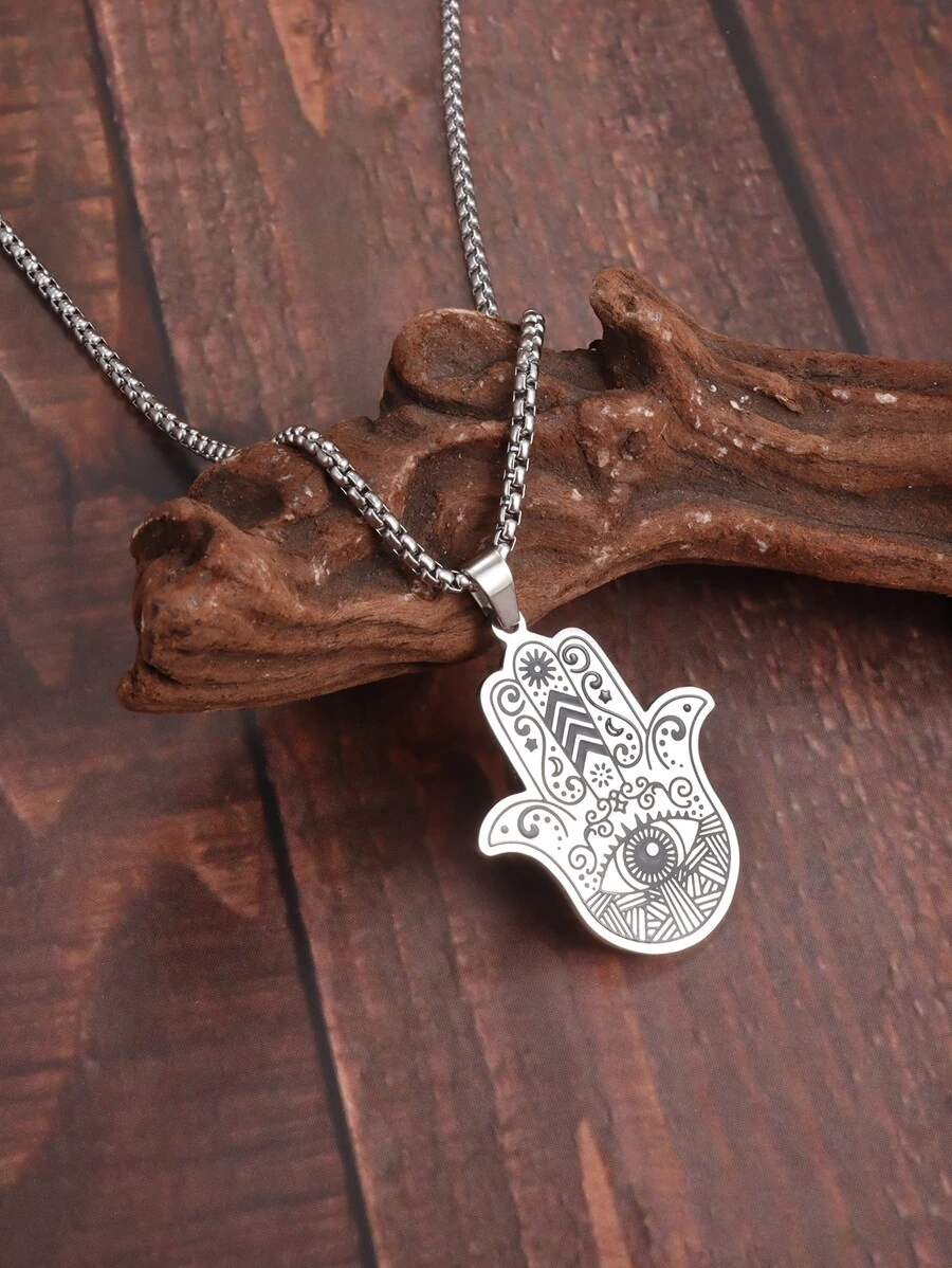 SeuSuk Nam giới thời trang và được ưa chuộng Chi tiết Evil Eye Vòng cổ tay Hamsa bằng thép không gỉ để làm quà tặng trang sức và cho vẻ ngoài sành điệu - Bạc - Xem 1