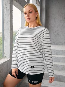 SHEIN EZwear 大碼條紋印花貼布細節T恤 - 白色 - 查看 3