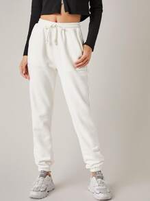 SHEIN BASICS 高腰束口運動褲 - 白色 - 查看 1