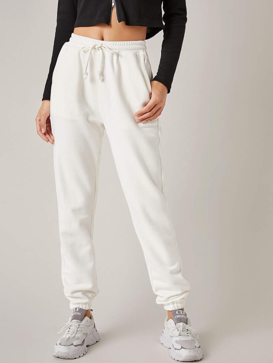 SHEIN BASICS 高腰束口運動褲 - 白色 - 查看 1