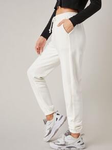 SHEIN BASICS 高腰束口運動褲 - 白色 - 查看 3