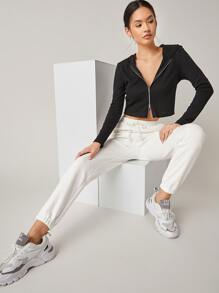SHEIN BASICS 高腰束口運動褲 - 白色 - 查看 5