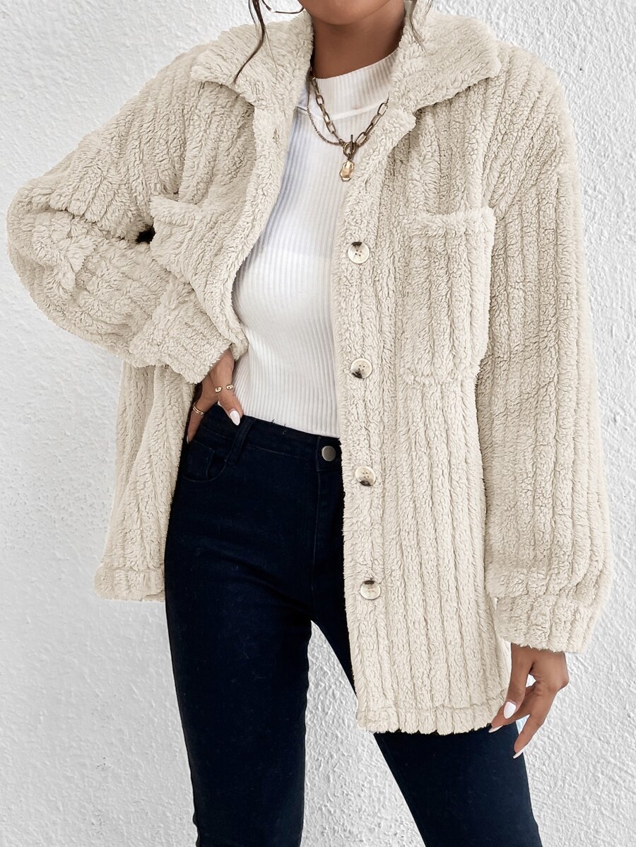 Muchica Women's Solid Color Drop Shoulder Long Sleeve Pockets Fluffy Casual Loose Jacket For Fall And Winter - Beige - View 1