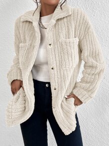 Muchica Women's Solid Color Drop Shoulder Long Sleeve Pockets Fluffy Casual Loose Jacket For Fall And Winter - Beige - View 3