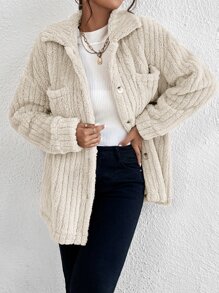 Muchica Women's Solid Color Drop Shoulder Long Sleeve Pockets Fluffy Casual Loose Jacket For Fall And Winter - Beige - View 5