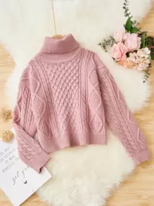 Girls Cable Knit Turtleneck Jumper - Dusty Pink - View 1