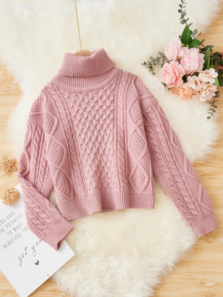 Girls Cable Knit Turtleneck Jumper - Dusty Pink - View 1