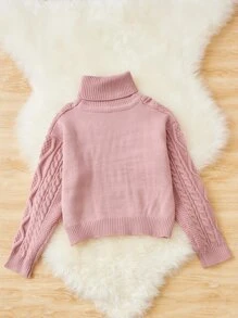 Girls Cable Knit Turtleneck Jumper - Dusty Pink - View 2