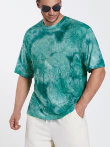 Manfinity Hombres Camiseta de hombros caídos con estampado de dragón chino y letra de tie dye - Verde - Ver 2