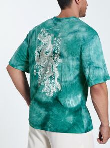 Manfinity Hombres Camiseta de hombros caídos con estampado de dragón chino y letra de tie dye - Verde - Ver 3