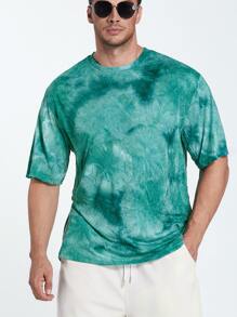 Manfinity Hombres Camiseta de hombros caídos con estampado de dragón chino y letra de tie dye - Verde - Ver 4