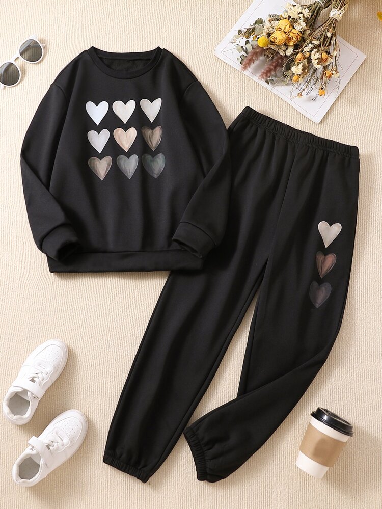 Tween Girl Heart Print Drop Shoulder Pullover & Sweatpants