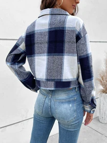 SHEIN LUNE 格紋印花翻蓋口袋短夾克