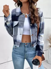 SHEIN LUNE 格紋印花翻蓋口袋短夾克