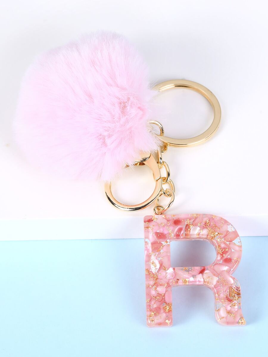 Pompom & Letter Charm Keychain - Pink - View 1