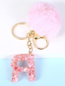 Pompom & Letter Charm Keychain - Pink - View 2