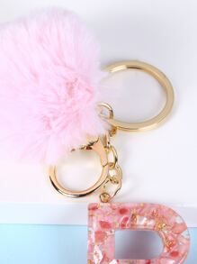 Pompom & Letter Charm Keychain - Pink - View 3