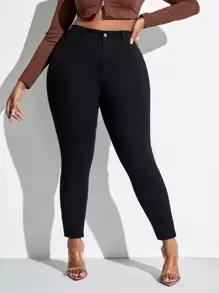 SHEIN SXY 加大码前扣口袋休闲保暖牛仔裤 保暖牛仔裤 加厚牛仔裤 适合冬季