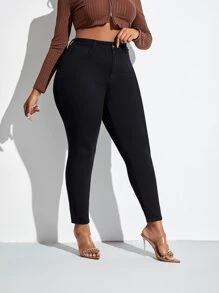 SHEIN SXY 加大码前扣口袋休闲保暖牛仔裤 保暖牛仔裤 加厚牛仔裤 适合冬季