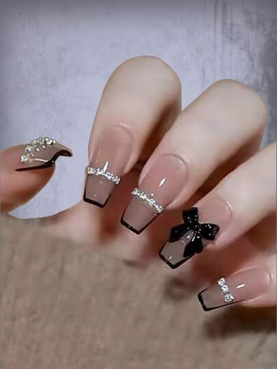 Kawaii 24pcs Long Coffin Bow Decor Fake Nail & 1pc Nail File & 1sheet Tape