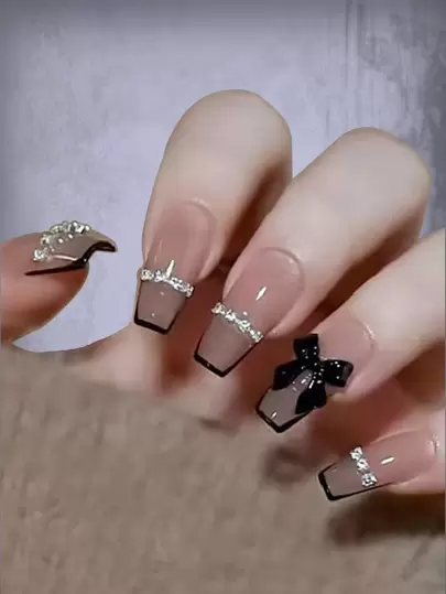 ROMWE Kawaii 24pcs Long Coffin Bow Decor Fake Nail & 1pc Nail File & 1sheet Tape