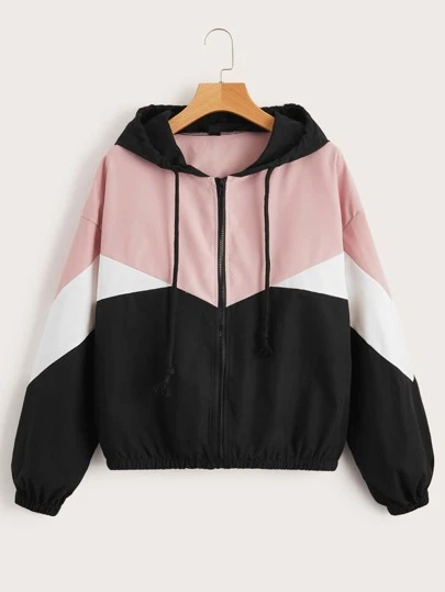 SHEIN EZwear Plus Color Block Drop Shoulder Drawstring Zipper Hooded Jacket Winter Fall Autumn
