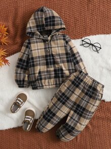 SHEIN Baby Boy Plaid Print Half Zip Hoodie & Pants - Multicolor - View 1