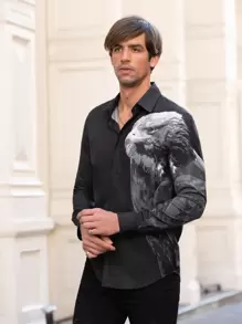 GENTILAND 男士老鷹印花襯衫 - 黑色 - 查看 1