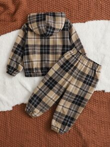SHEIN Baby Boy Plaid Print Half Zip Hoodie & Pants - Multicolor - View 2