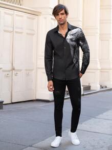 GENTILAND 男士老鷹印花襯衫 - 黑色 - 查看 4