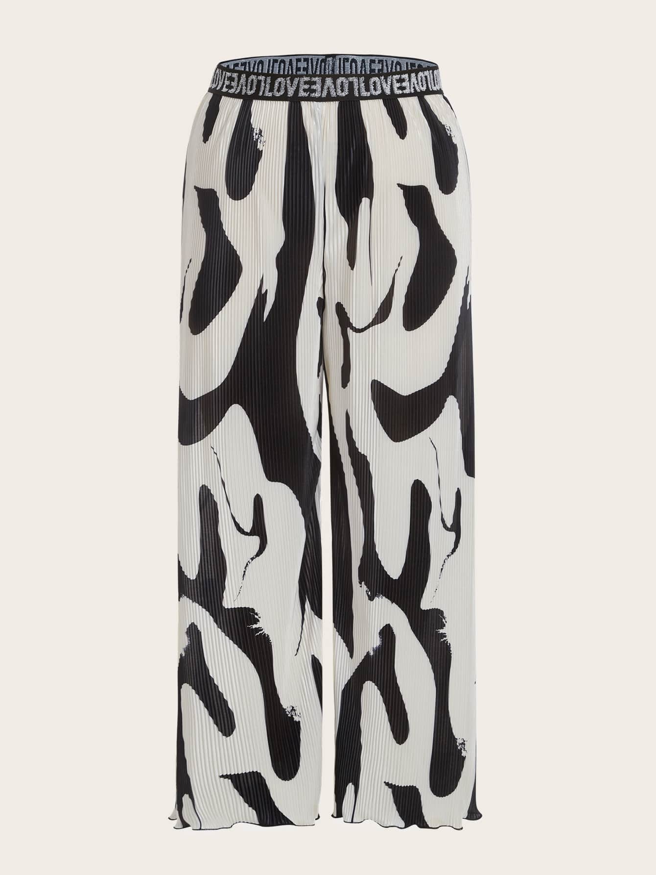 SHEIN ICON 大碼腰部字母條帶圖案印花褶皺闊腿褲 - 彩色 - 查看 1