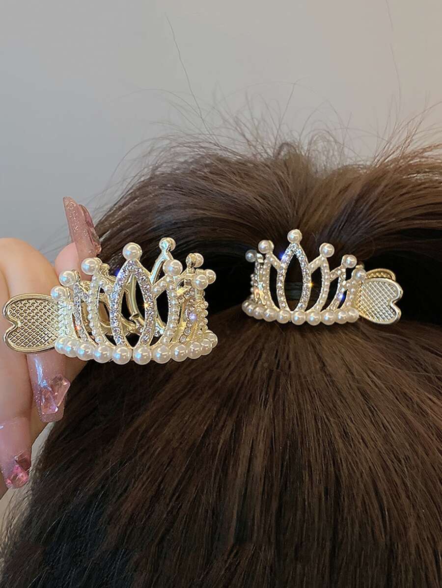 1pc Rhinestone & Faux Pearl Decor Hair Claw Cute Tiaras - View 1