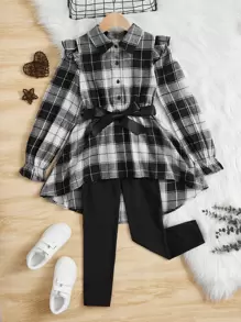 SHEIN Tween女孩格子印花荷葉袖高低不規則边腰帶上衣＆緊身褲 - 黑與白 - 查看 1