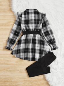 SHEIN Tween女孩格子印花荷葉袖高低不規則边腰帶上衣＆緊身褲 - 黑與白 - 查看 2