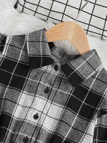 SHEIN Tween女孩格子印花荷葉袖高低不規則边腰帶上衣＆緊身褲 - 黑與白 - 查看 3