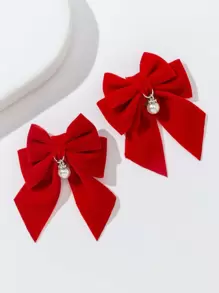 2 chiếc nơ & ngọc trai giả kẹp tóc cá sấu trang trí - Đỏ - Xem 1