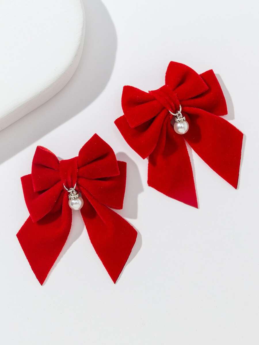 2 chiếc nơ & ngọc trai giả kẹp tóc cá sấu trang trí - Đỏ - Xem 1